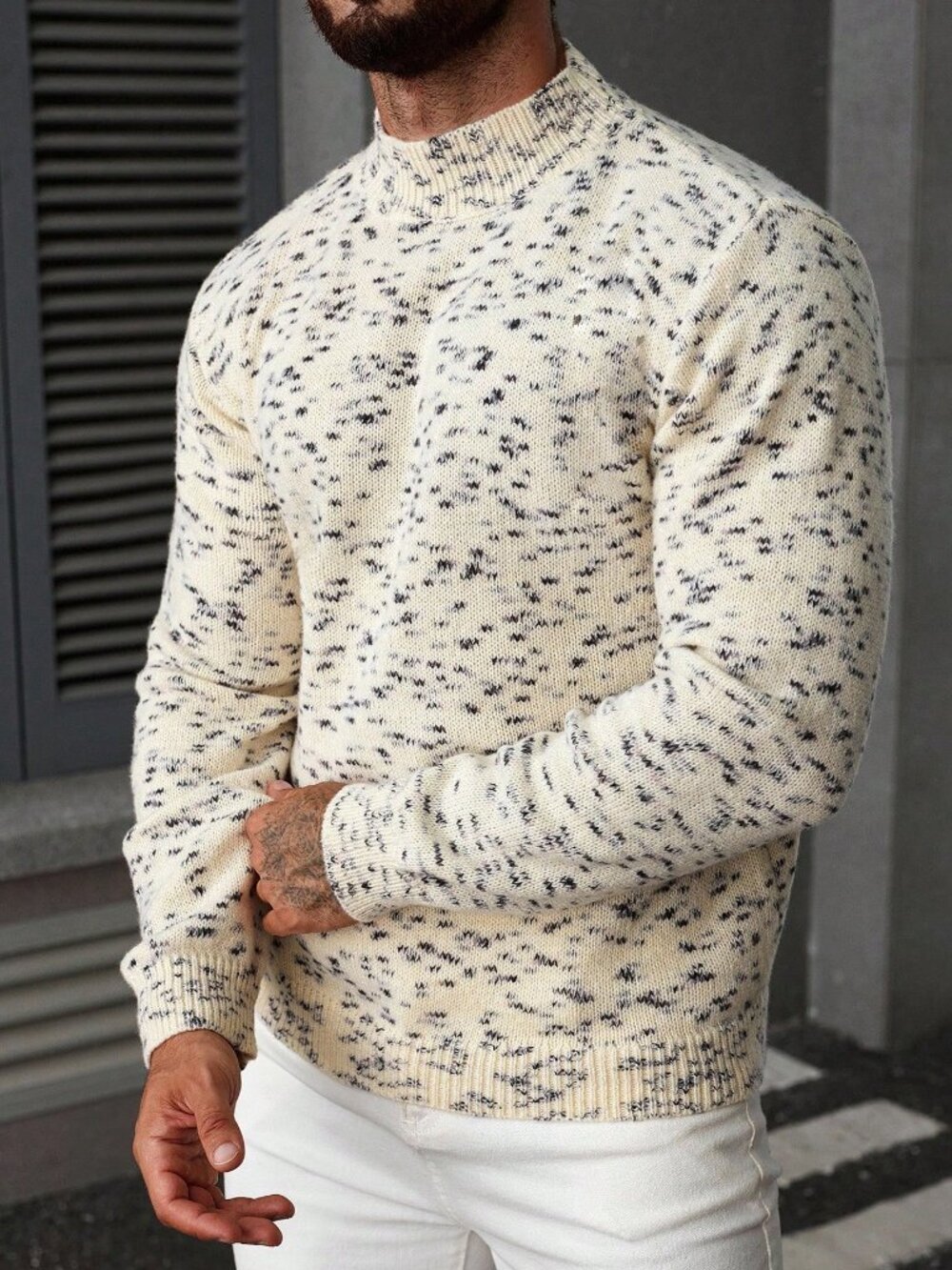 Multicolor Men's Stand Collar Rib-Knit Drop Sleeve Sweater